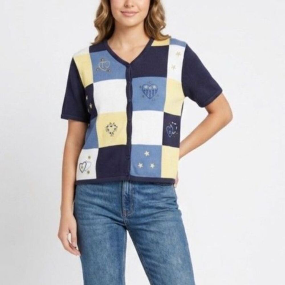 Croft & Barrow Navy Patchwork Embroidered SS Vintage Cardigan Sweater Size L